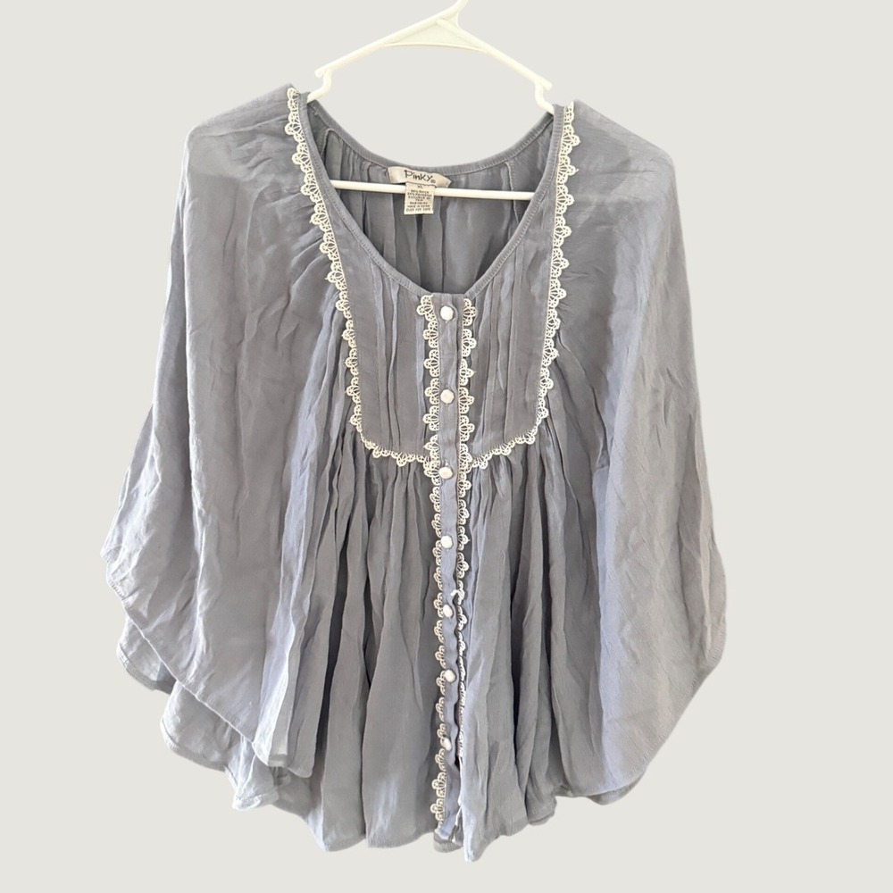 Pinky Womens XL Boho Lace Trim Button Front Butterfly Sleeve Poncho Blouse Blue